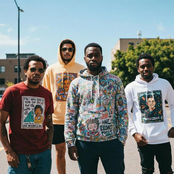Diverse men in unique artistic clothing with positive affirmations in an urban setting