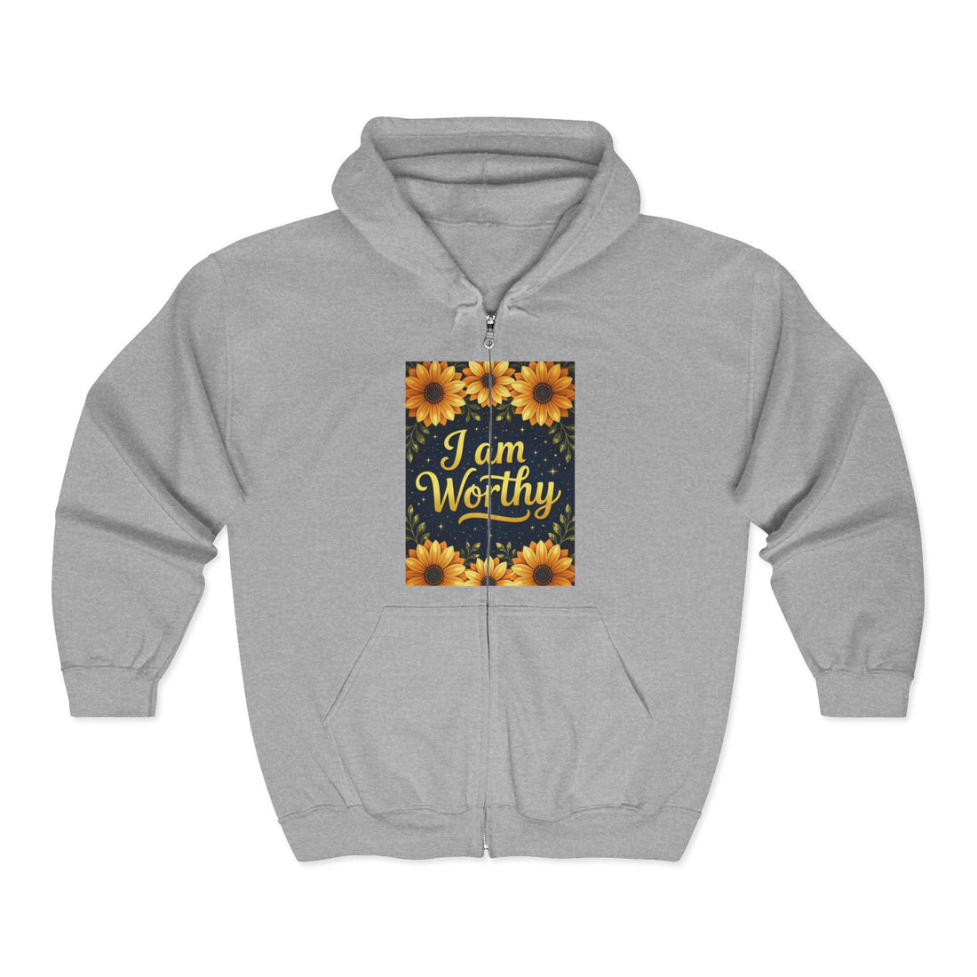 Floral 'I am Worthy' Zip-Up Hoodie: Inspirational Unisex Sweatshirt