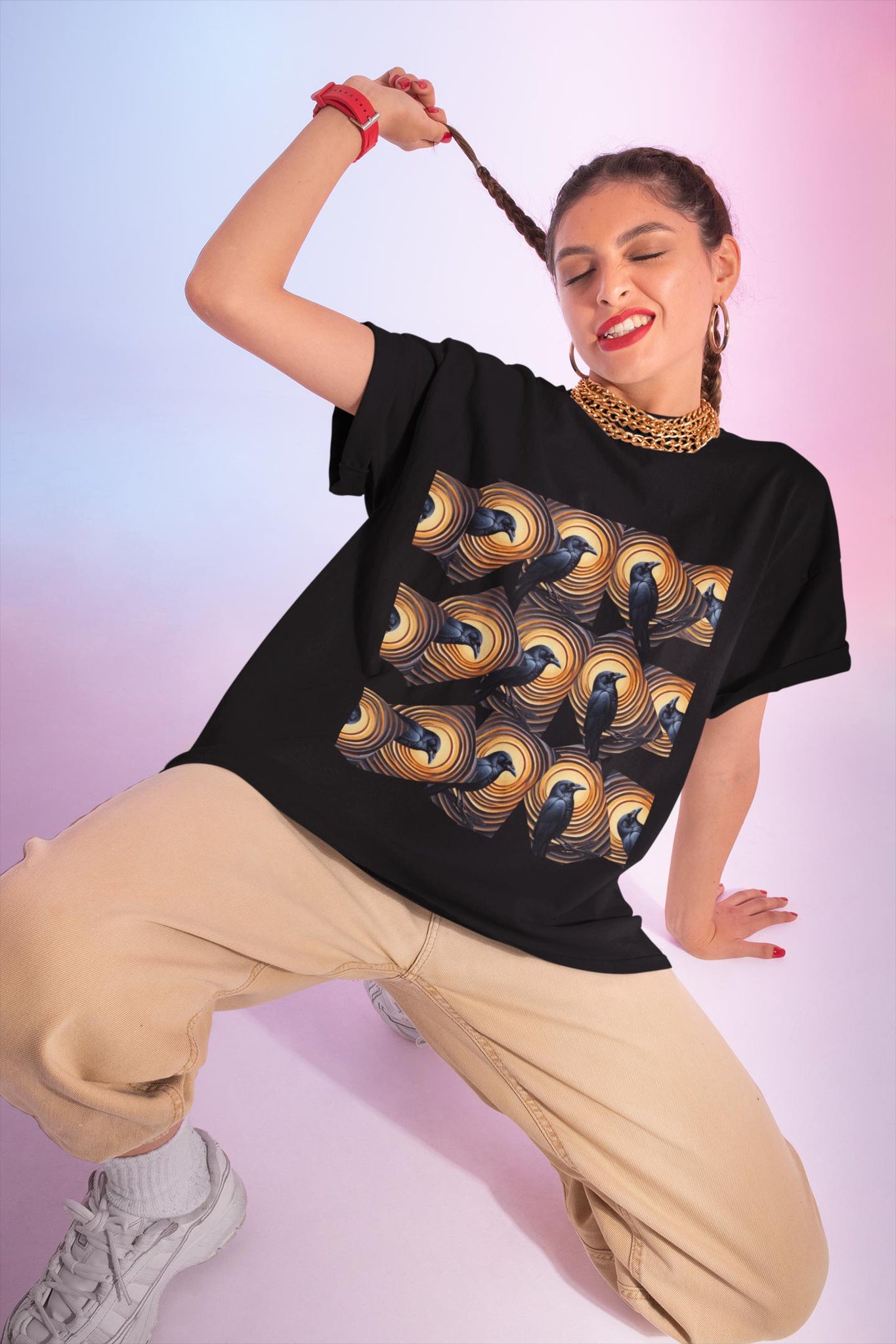 Crow Graphic Softstyle T-Shirt, Wave Pattern Unisex Tee