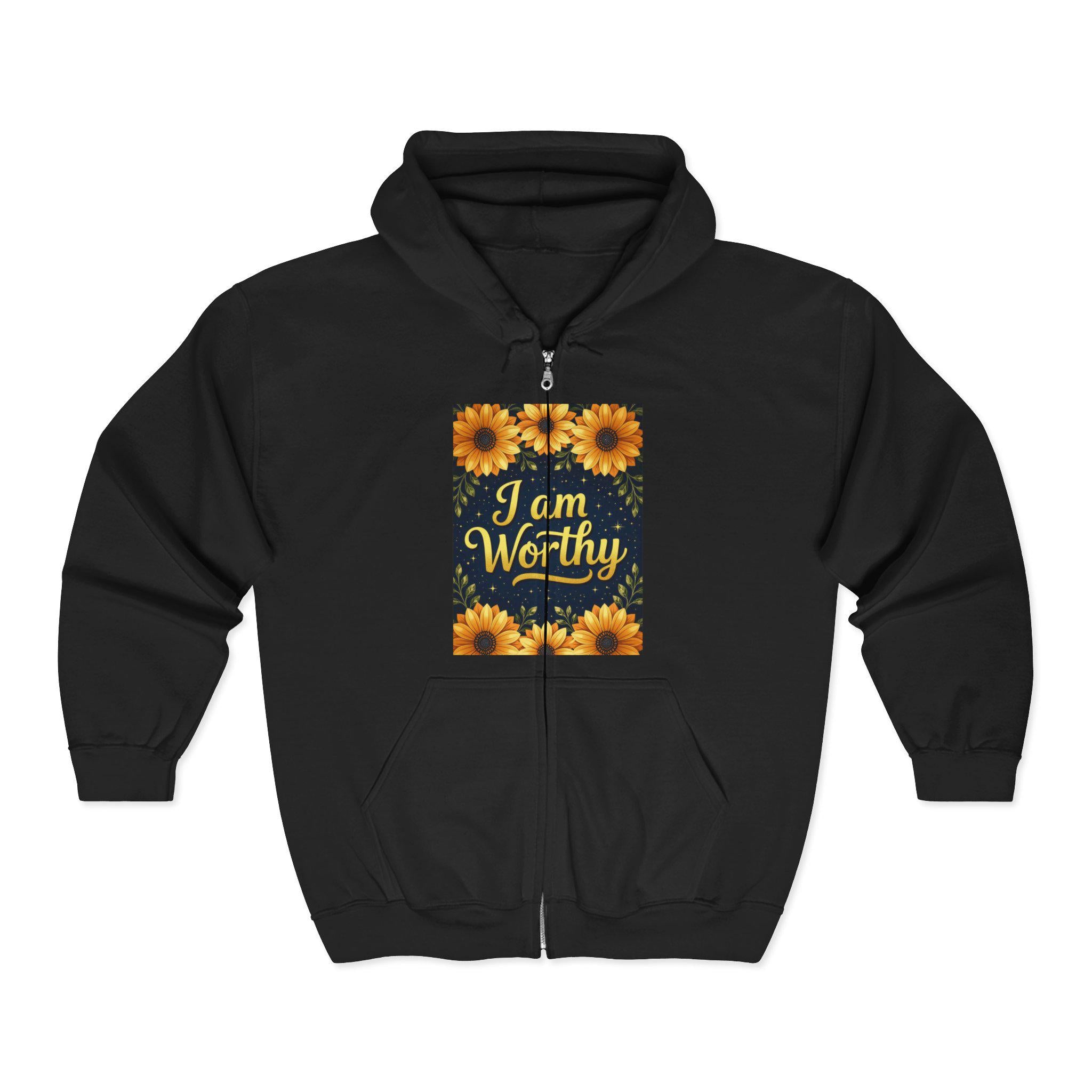Floral 'I am Worthy' Zip-Up Hoodie: Inspirational Unisex Sweatshirt
