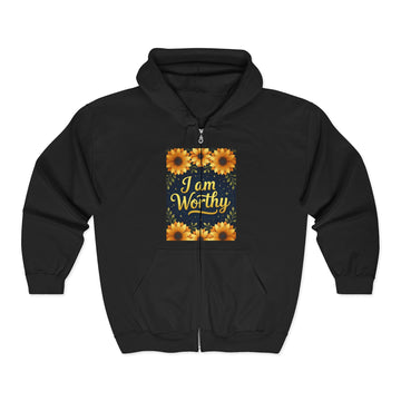 Floral 'I am Worthy' Zip-Up Hoodie: Inspirational Unisex Sweatshirt